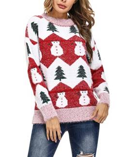 Marvmys Weihnachtspullover Damen Winter Fun Strickpullover Rundhals Weihnachtspullis mit Rentiermuster und Schneemann Muster Gestrickte Pullover Langarm Sweatshirt für Frauen Rot-Schneemann L von Marvmys