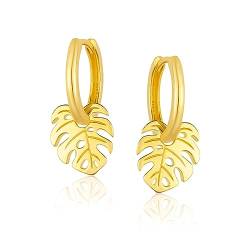 Mary & Jules Ohrringe Gold mit Monstera Blatt Anhänger, 925 Sterling Silber, vergoldet, Damen Creolen Gold für Frauen und Mädchen, Monstera Creolen aus recyceltem Silber von Mary & Jules