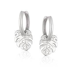 Mary & Jules Ohrringe Silber mit Monstera Blatt Anhänger, 925 Sterling Silber, Damen Creolen Silber für Frauen und Mädchen, Monstera Creolen aus recyceltem Silber von Mary & Jules