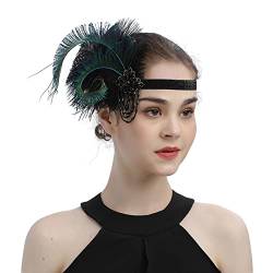 1920er Jahre Flapper Stirnband schwarze Feder Kopfschmuck Strass Haarband Cocktailkopf Zubehör für Damen Schweißbänder Neon (Green, One Size) von Mashaouyo