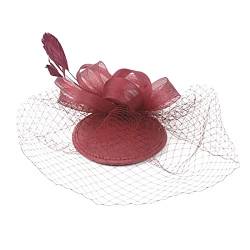 2023 Fascinator Hut Feder Mesh Tea Party Haarband für Frauen Haarband Schmal (Wine, One Size) von Mashaouyo