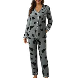 Damen Casual Knopf Pfirsich Plaid Print Zweiteiler Langarm Pyjama Pyjama Anzug Schlaf Anzug Damen (Grey, M) von Mashaouyo