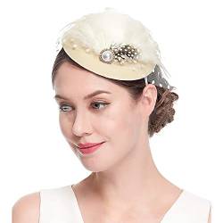 Fascinators für Frauen Tea Party Stirnband Hut Mesh Federn Haarspange für Hochzeit Cocktail und Kirche Tennis Dämpfer Lustig (Beige, One Size) von Mashaouyo