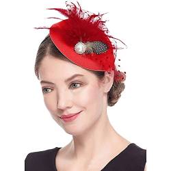 Fascinators für Frauen Tea Party Stirnband Hut Mesh Federn Haarspange für Hochzeit Cocktail und Kirche Tennis Dämpfer Lustig (Red, One Size) von Mashaouyo