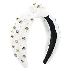 Modische Stirnbänder für Frauen Mädchen Stirnbänder Vintage Stirnband breiter Knoten Perlen Haarreifen für lässige Hochzeit Stirnband Winddicht (White, One Size) von Mashaouyo