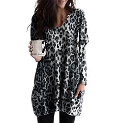 Damen Pullover Lässige Lange Oberteile mit Leopardenmuster Herbstliches Langarm-Sweatshirt mit Tasche Weite Tunika-Bluse in Übergröße(XL,Grau) von Masrin