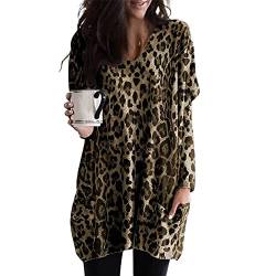 Damen Pullover Lässige Lange Oberteile mit Leopardenmuster Herbstliches Langarm-Sweatshirt mit Tasche Weite Tunika-Bluse in Übergröße(XL,Kaffee) von Masrin