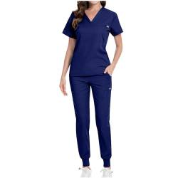 Masrin Arbeitskleidung Damen Zweiteiliges Set Einfarbige Medizin Uniform V-Ausschnitt Kurzarm T-Shirt + Lockere Lange Hose Arzt Krankenschwester Pflege Kasacks Hosen Outfit Für Frauen von Masrin