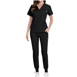 Masrin Arbeitskleidung Damen Zweiteiliges Set Einfarbige Medizin Uniform V-Ausschnitt Kurzarm T-Shirt + Lockere Lange Hose Arzt Krankenschwester Pflege Kasacks Hosen Outfit Für Frauen von Masrin