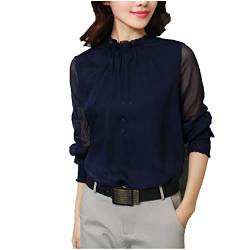 Masrin Bluse Damen Lässiges einfarbiges Chiffon Hemd T Shirt mit Netz Nähten Pullover mit Stehkragen und Puffärmeln Frühlings Herbst Langarm Shirt Business Tops Partykleidung Crop Tops von Masrin