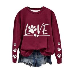 Masrin Sweatshirt Damen Lässige Hundepfoten Aufdruck Oberteile Valentinstag Liebesbrief Muster Pullover Plus Size Langärmliges Puli Shirt All-Match Rundhals Sweater Locker Bequem Tunika Bluse S-5XL von Masrin