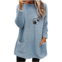 Masrin Winter Sherpa Pullover Damen Lang Warmes Mantel Dicker Plüsch Sweater Oberteile Lässige Herz Hundepfoten Druck Longshirt Thermo Pulli Shirt Fleece Sweatshirt Langarmshirt Geschenk für Frauen von Masrin