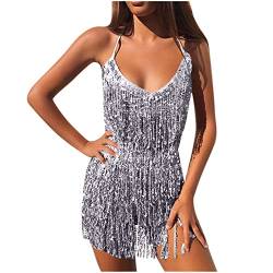 Nachtclub Pailletten Kleid Damen Sexy Perlen Fransen Performance Kostümsets Neckholder Weste + Minirock Club Anzug Rave Party Dance Funkelnde Festivalkleidung Boho Hüftschal Quasten Bauch Minirock von Masrin