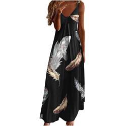 Sommerkleid Damen Kleider Lang Elegant Federdruck A-Linien Kleider Ärmellos V-Ausschnitt Trägerkleid Boho Urlaubskleid Knöchellanges Langes Maxikleid Tunika Partykleid Freizeitkleid für Frauen von Masrin