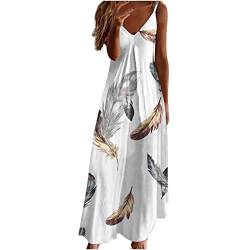 Sommerkleid Damen Kleider Lang Elegant Federdruck A-Linien Kleider Ärmellos V-Ausschnitt Trägerkleid Boho Urlaubskleid Knöchellanges Langes Maxikleid Tunika Partykleid Freizeitkleid für Frauen von Masrin