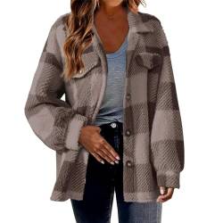 Teddyfleece Jacke Damen Kuschelig Weicher Plüschmantel Modischer karierter Mantel Herbst Winter Hoodie Bluse Knopfloser Cardigan Hemdjacke mit Knöpfen Wintermantel Winterjacke Strickjacke von Masrin