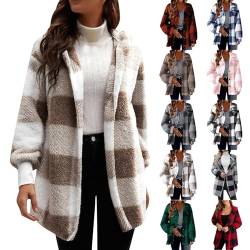 Teddyfleece Jacke Damen Kuschelig Weicher Plüschmantel Modischer karierter Mantel Herbst Winter Hoodie Bluse Knopfloser Cardigan Hemdjacke mit Knöpfen Wintermantel Winterjacke Strickjacke von Masrin