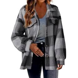 Teddyfleece Jacke Damen Kuschelig Weicher Plüschmantel Modischer karierter Mantel Herbst Winter Hoodie Bluse Knopfloser Cardigan Hemdjacke mit Knöpfen Wintermantel Winterjacke Strickjacke von Masrin