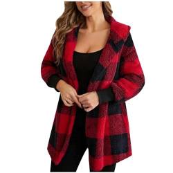 Teddyfleece Jacke Damen Kuschelig Weicher Plüschmantel Modischer karierter Mantel Herbst Winter Hoodie Bluse Knopfloser Cardigan Hemdjacke mit Knöpfen Wintermantel Winterjacke Strickjacke von Masrin