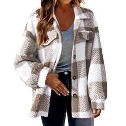 Teddyfleece Jacke Damen Kuschelig Weicher Plüschmantel Modischer karierter Mantel Herbst Winter Hoodie Bluse Knopfloser Cardigan Hemdjacke mit Knöpfen Wintermantel Winterjacke Strickjacke von Masrin