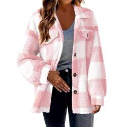 Teddyfleece Jacke Damen Kuschelig Weicher Plüschmantel Modischer karierter Mantel Herbst Winter Hoodie Bluse Knopfloser Cardigan Hemdjacke mit Knöpfen Wintermantel Winterjacke Strickjacke von Masrin