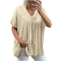 Trendige Pailletten Oberteile für Damen Oversize Lockerer Pullover Sexy V-Ausschnitt T-Shirt Einfarbiges Pulli-Shirt mit kurzen Ärmeln Lose Tunika Bluse Longshirt Lang Pullover Übergröße Longtops von Masrin