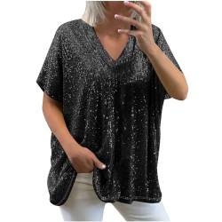 Trendige Pailletten Oberteile für Damen Oversize Lockerer Pullover Sexy V-Ausschnitt T-Shirt Einfarbiges Pulli-Shirt mit kurzen Ärmeln Lose Tunika Bluse Longshirt Lang Pullover Übergröße Longtops von Masrin