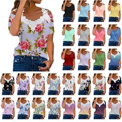 Tunika Damen Sommer Kurzarm Tshirt Modische Spitzenbesatz Bluse Schulterfreies V-Ausschnitt Shirt Floralem Schmetterlingsdruck Oberteile Sexy Schnürung T-Shirt Slim Fit Tops Partywear S-5XL von Masrin