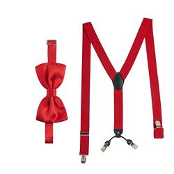 Hosenträger mit Fliege Rot Set für Herren und Damen I Y-Form Träger elastisch mit extra starken Clips - 3,5cm breit - längenverstellbar I Vorgebundener Schlips für Anzug von Massi Morino
