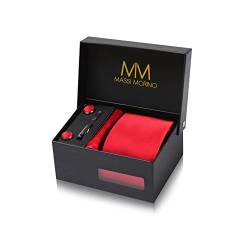 Krawatte rot mit Einstecktuch Set Herren inkl. roten Manschettenknöpfe, Krawattennadel und Geschenkbox - Rotes Männer Krawattenset zur Hochzeit von Massi Morino