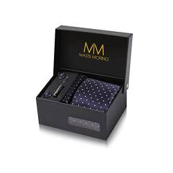 Massi Morino Krawatte Dunkelblau Gepunktet mit Einstecktuch Set Herren inkl. Manschettenknöpfe, Krawattennadel und Geschenkbox - Männer Krawattenset von Massi Morino