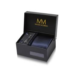 Massi Morino Krawatte Dunkelblau mit Einstecktuch Set Herren inkl. Manschettenknöpfe, Krawattennadel und Geschenkbox - Männer Krawattenset von Massi Morino