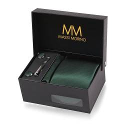 Massi Morino Krawatte Dunkelgrün mit Einstecktuch Set Herren inkl. Manschettenknöpfe, Krawattennadel und Geschenkbox - Männer Krawattenset von Massi Morino