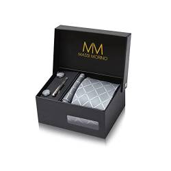 Massi Morino Krawatte Grau Quadrat mit Einstecktuch Set Herren inkl. Manschettenknöpfe, Krawattennadel und Geschenkbox - Männer Krawattenset von Massi Morino