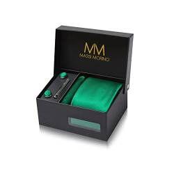 Massi Morino Krawatte Grün mit Einstecktuch Set Herren inkl. Manschettenknöpfe, Krawattennadel und Geschenkbox - Männer Krawattenset von Massi Morino