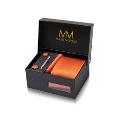 Massi Morino Krawatte Orange mit Einstecktuch Set Herren inkl. Manschettenknöpfe, Krawattennadel und Geschenkbox - Männer Krawattenset von Massi Morino
