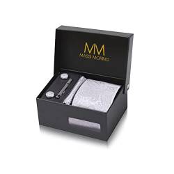 Massi Morino Krawatte Paisley Grau mit Einstecktuch Set Herren inkl. Manschettenknöpfe, Krawattennadel und Geschenkbox - Männer Krawattenset von Massi Morino