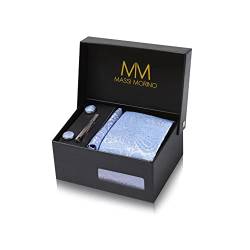 Massi Morino Krawatte Paisley Hellblau mit Einstecktuch Set Herren inkl. Manschettenknöpfe, Krawattennadel und Geschenkbox - Männer Krawattenset von Massi Morino