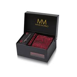 Massi Morino Krawatte Paisley Weinrot mit Einstecktuch Set Herren inkl. Manschettenknöpfe, Krawattennadel und Geschenkbox - Männer Krawattenset von Massi Morino