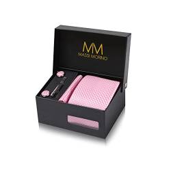 Massi Morino Krawatte Rosa - Kariert mit Einstecktuch Set Herren inkl. Manschettenknöpfe, Krawattennadel und Geschenkbox - Männer Krawattenset von Massi Morino