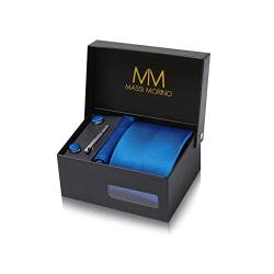 Massi Morino Krawatte Royalblau mit Einstecktuch Set Herren inkl. Manschettenknöpfe, Krawattennadel und Geschenkbox - Männer Krawattenset von Massi Morino