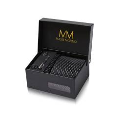 Massi Morino Krawatte Schwarz Gepunktet mit Einstecktuch Set Herren inkl. Manschettenknöpfe, Krawattennadel und Geschenkbox - Männer Krawattenset von Massi Morino