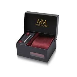 Massi Morino Krawatte Weinrot mit Einstecktuch Set Herren inkl. Manschettenknöpfe, Krawattennadel und Geschenkbox - Männer Krawattenset von Massi Morino