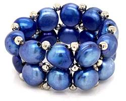 Echter Zucht-Perlenring 2-Reihig Blau mit silberfarbenen Kugeln von Masteract