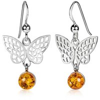 Materia Paar Ohrhänger Damen Silber Schmetterling Bernstein Braun Orange SO-485, 925 Sterling Silber von Materia