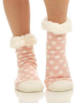 Matyfashion Hüttensocken warme Hausschuhe Socken Strümpfe ABS/Teddyfell 46 (One Size (35-42), Punkte/Rosa) von Matyfashion