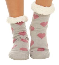 Matyfashion Hüttensocken warme Hausschuhe Socken Strümpfe ABS/Teddyfell 68 (One Size (35-42), Hellgrau/Herz) von Matyfashion