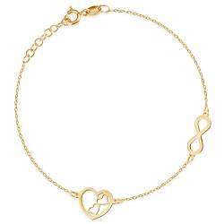 Maverton Infinity Damen Armband Gold mit Herzen + personalisierte Geschenkbox mit Gravur - Herz Armband mit Unendlichkeitszeichen für Frauen - Länge: 16-19 cm - 8 Karat von Maverton