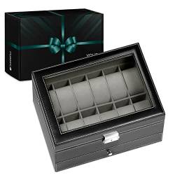 Maverton Uhrenbox für 12 Uhren & Schmuck - 30x20x13cm - Uhrenkasten aus Kunstleder - Schwarz - Geschenk zum Geburtstag für Damen und Herren von Maverton
