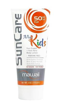 Mawaii SunCare Kinder Sonnenschutzcreme mit hohem Schutzfaktor SPF 50, 175ML - Speziallotion für Kinder mit UVA- und UVB-Strahlung - wasser- und schweißbeständig - ohne schädliche Chemikalien, Reef Friendly, vegan von Mawaii